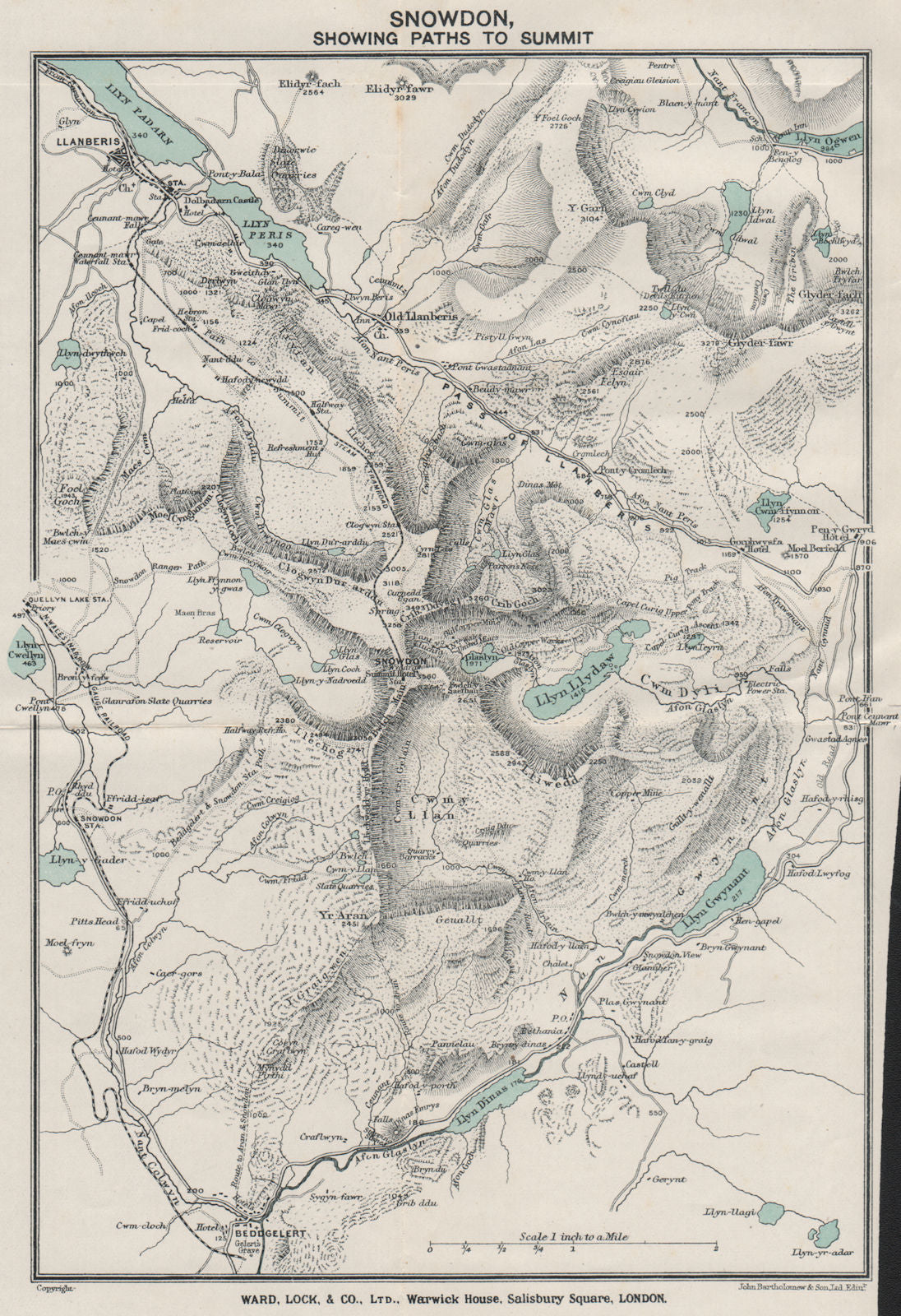 SNOWDON SHOWING PATHS TO SUMMIT. Llanberis. WARD LOCK 1923 old antique map
